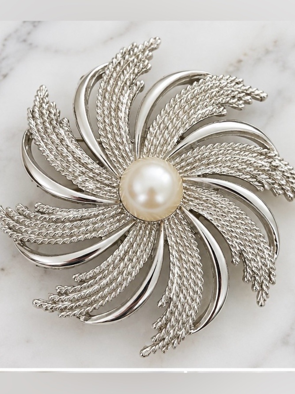 Vintage Sarah Coventry Pinwheel Brooch Silver Tone Faux Pearl 1960s